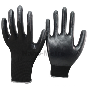 NMSAFETY 13 Gauge strickte nahtlose schwarze Polyester-Zwischenlage Palme beschichtete schwarze Nitrilarbeitsschutzhandschuhe für helle Industrie